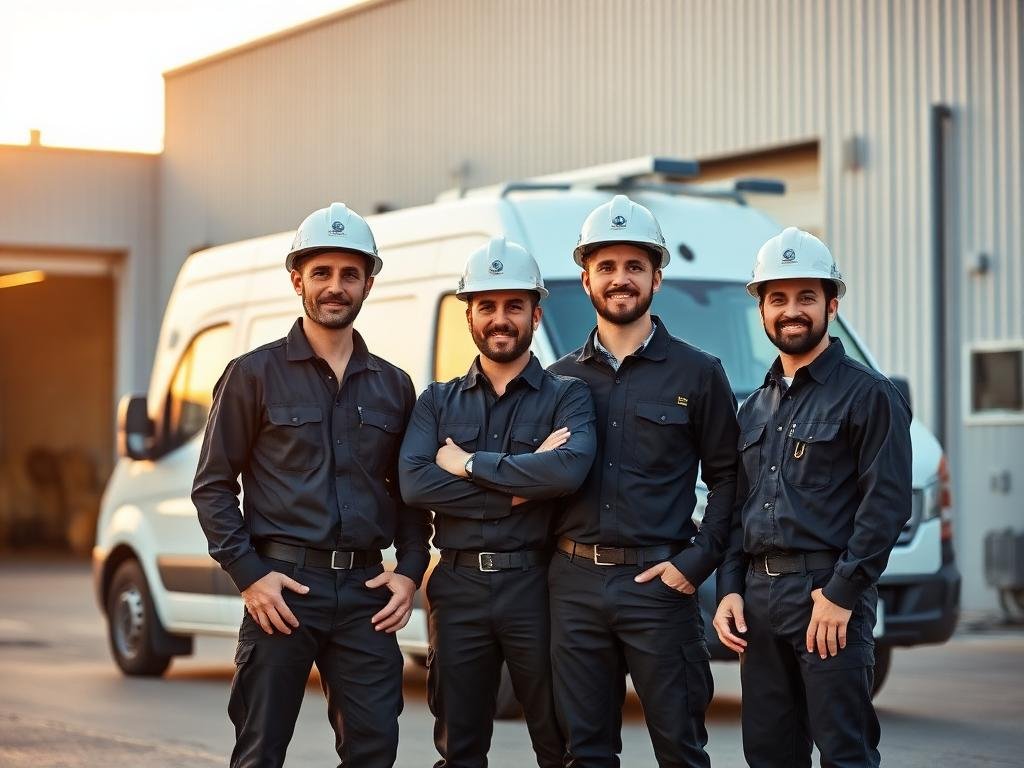 Equipo de electricistas y técnicos de VHEC junto a la furgoneta de servicio